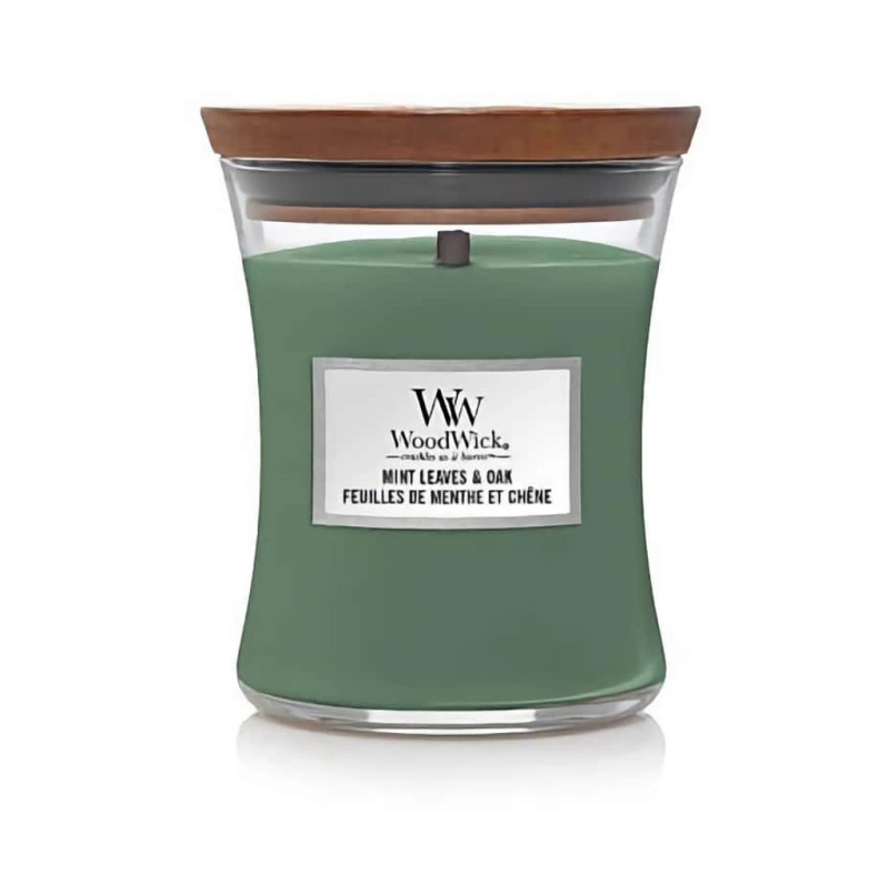 Woodwick Mint Leaves & Oak vonná svíčka s dřevěným knotem 275 g