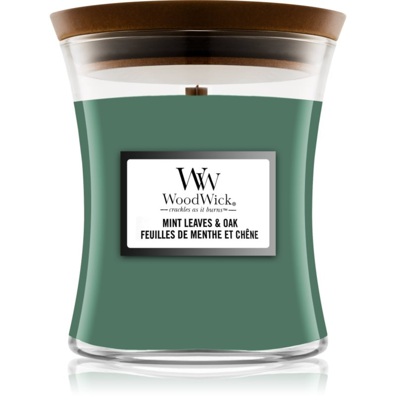 Woodwick Mint Leaves & Oak vonná svíčka s dřevěným knotem 275 g