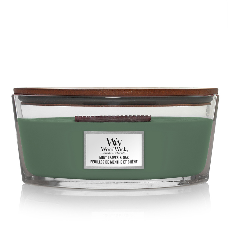 Woodwick Mint Leaves & Oak vonná svíčka s dřevěným knotem (hearthwick) 453,6 g
