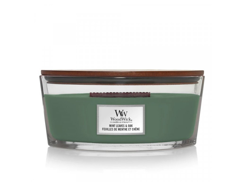 Woodwick Mint Leaves & Oak vonná svíčka s dřevěným knotem (hearthwick) 453,6 g