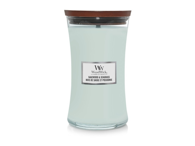 Woodwick Sagewood & Seagrass vonná svíčka s dřevěným knotem 609 g