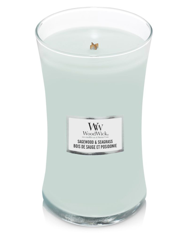 Woodwick Sagewood & Seagrass vonná svíčka s dřevěným knotem 609 g