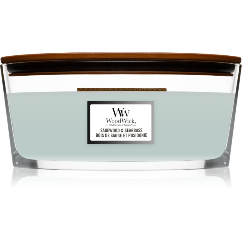 Woodwick Sagewood & Seagrass vonná svíčka s dřevěným knotem (hearthwick) 453,6 g