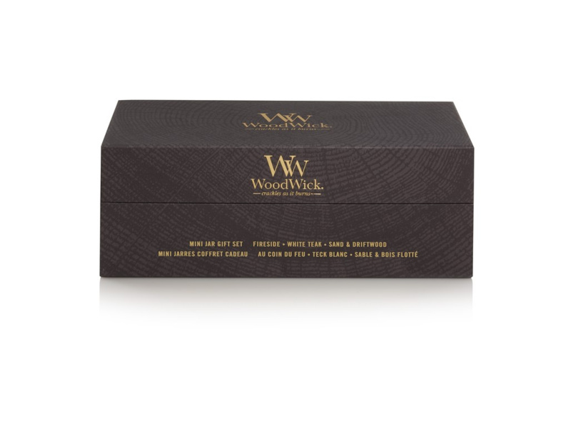 Woodwick Fireside + White Teak + Sand & Driftwood dárková sada 3x85 g