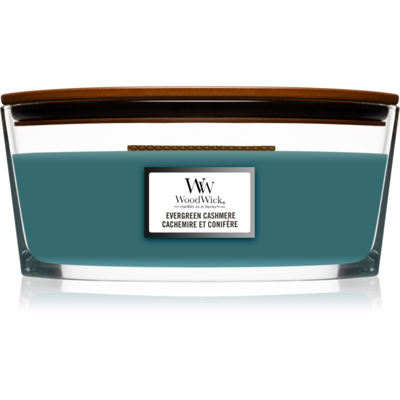 Woodwick Evergreen Cashmere vonná svíčka s dřevěným knotem (hearthwick) 453,6 g