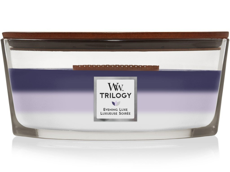 Woodwick Trilogy Evening Luxe vonná svíčka s dřevěným knotem (hearthwick) 453,6 g