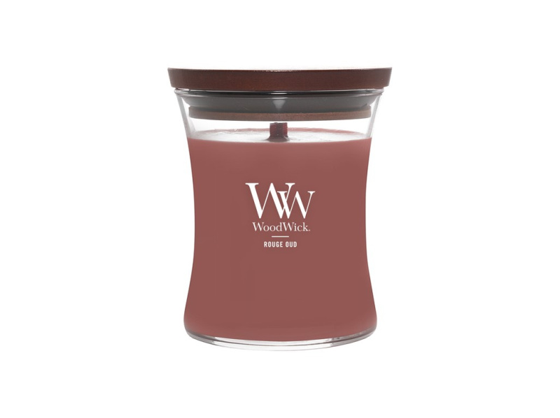 Woodwick Rouge Oud vonná svíčka s dřevěným knotem 275 g