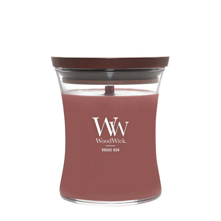 Woodwick Rouge Oud vonná svíčka s dřevěným knotem 275 g