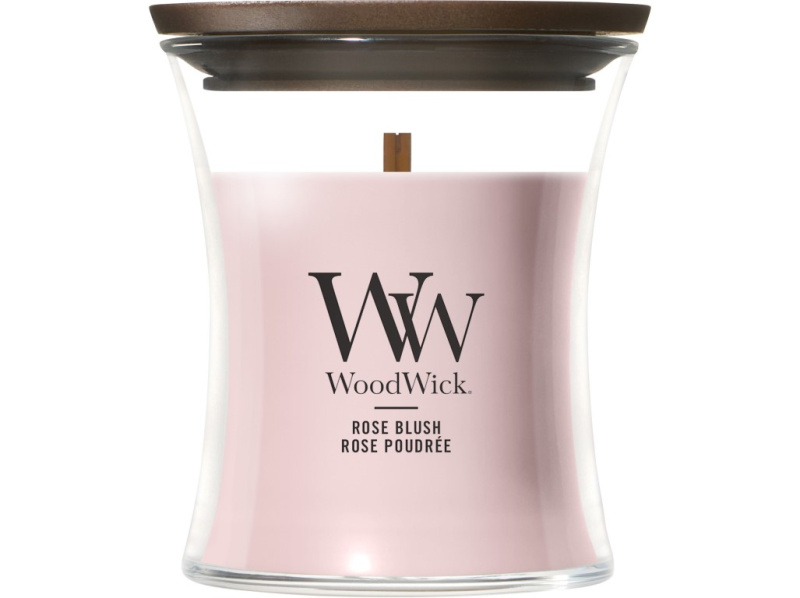 Woodwick Rose Blush vonná svíčka s dřevěným knotem 85 g