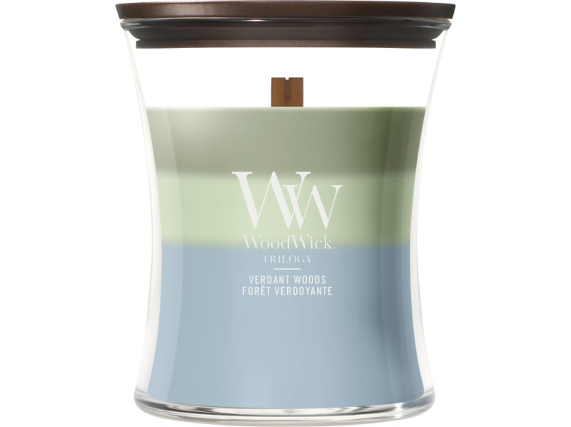 Woodwick Trilogy Verdant Woods vonná svíčka s dřevěným knotem 275 g