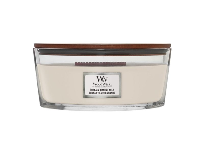 Woodwick Tonka & Almond Milk vonná svíčka s dřevěným knotem 453.6 g
