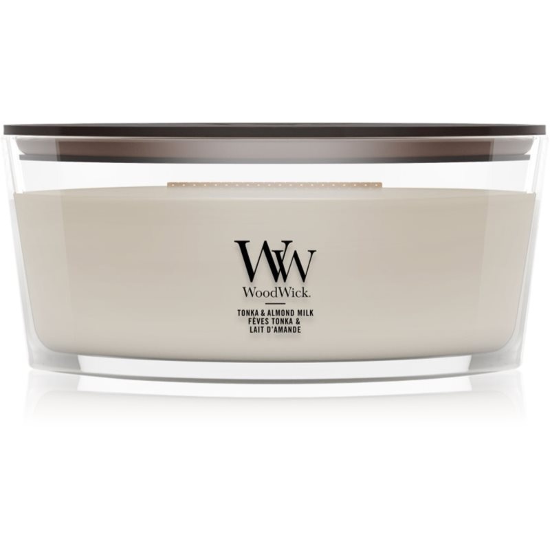 Woodwick Tonka & Almond Milk vonná svíčka s dřevěným knotem 453.6 g