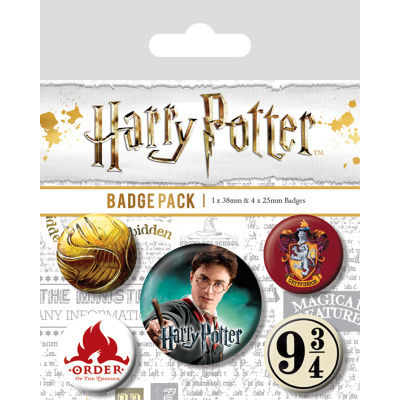 CurePink Set 5 Placek Harry Potter Erb Nebetvír Gryffindor 2,5 cm a 3,8 cm