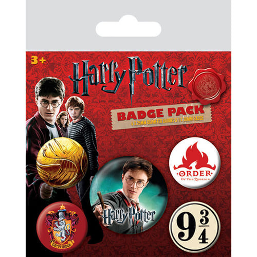 CurePink Set 5 Placek Harry Potter Erb Nebetvír Gryffindor 2,5 cm a 3,8 cm