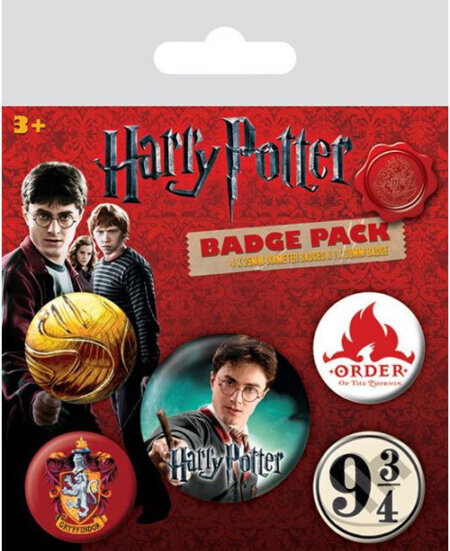 CurePink Set 5 Placek Harry Potter Erb Nebetvír Gryffindor 2,5 cm a 3,8 cm