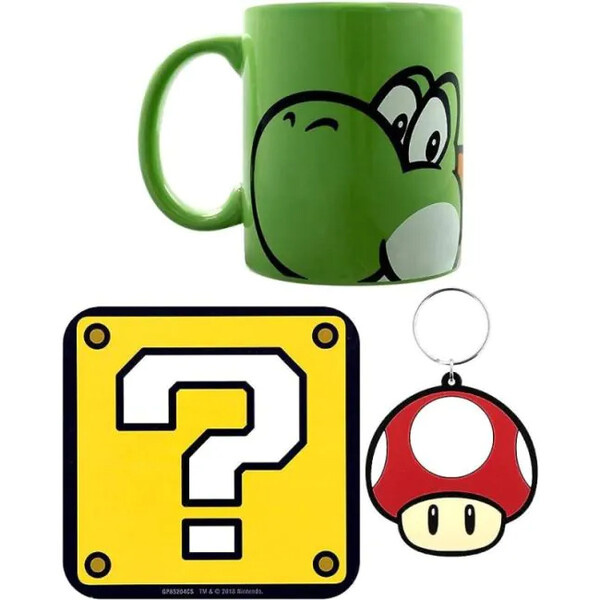 CurePink Dárkový set Super Mario: Yoshi hrnek přívěsek tácek hrnku GP85205 315 ml
