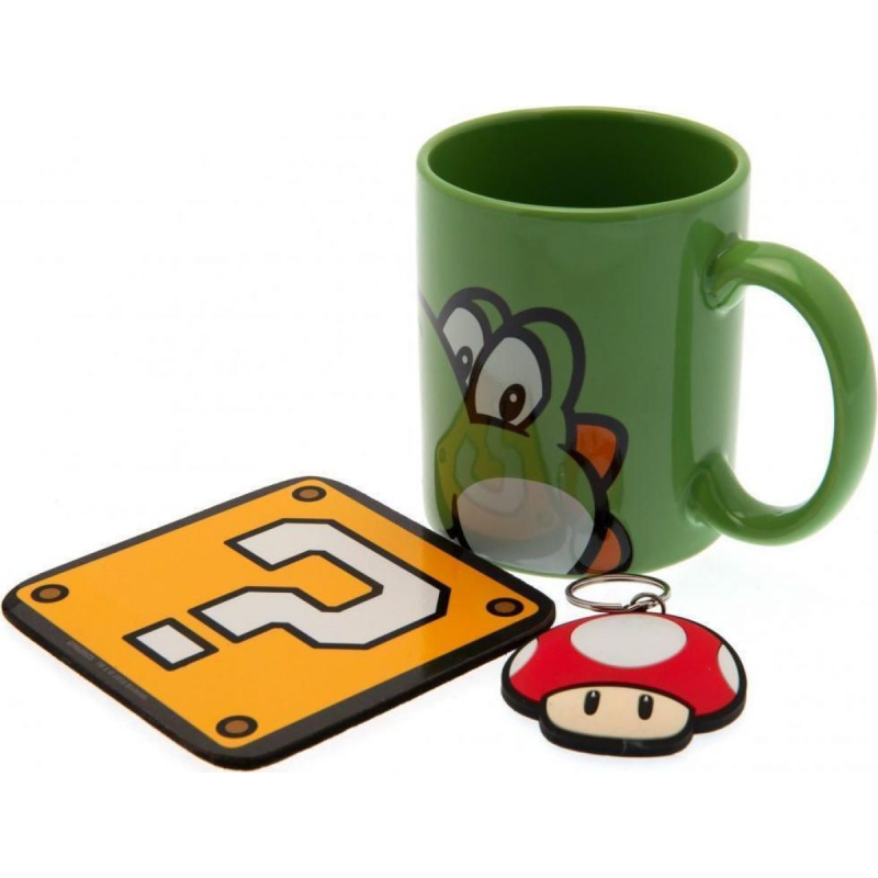 CurePink Dárkový set Super Mario: Yoshi hrnek přívěsek tácek hrnku GP85205 315 ml