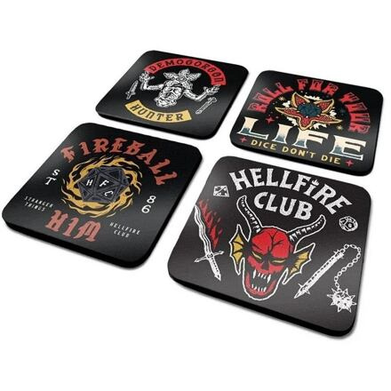 CurePink Tácky pod sklenice Stranger Things Phrases balení 4 ks 10x10cm