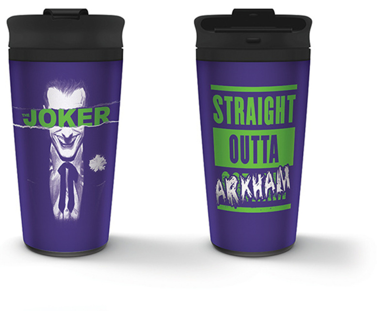 CurePink Nerezový cestovní hrnek DC Comics The Joker Straight Outta Arkham objem fialový MTM25370 450 ml