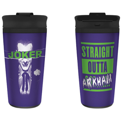 CurePink Nerezový cestovní hrnek DC Comics The Joker Straight Outta Arkham objem fialový MTM25370 450 ml