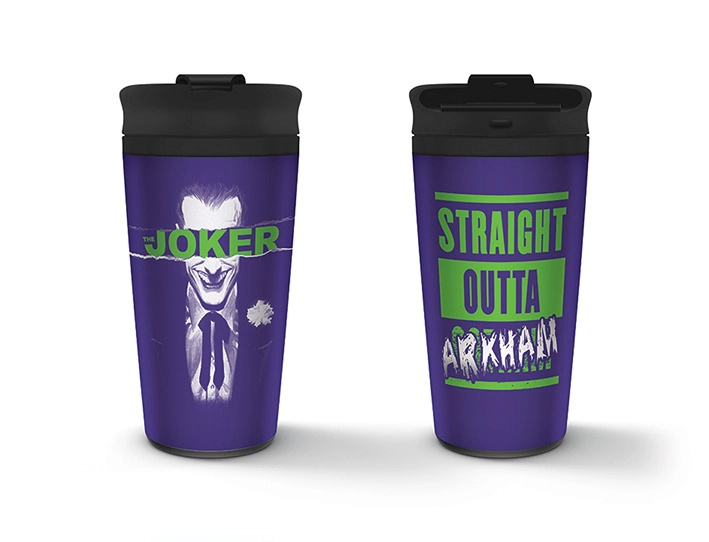 CurePink Nerezový cestovní hrnek DC Comics The Joker Straight Outta Arkham objem fialový MTM25370 450 ml