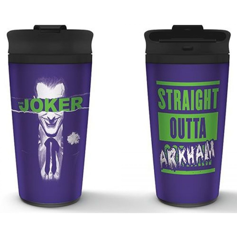 CurePink Nerezový cestovní hrnek DC Comics The Joker Straight Outta Arkham objem fialový MTM25370 450 ml
