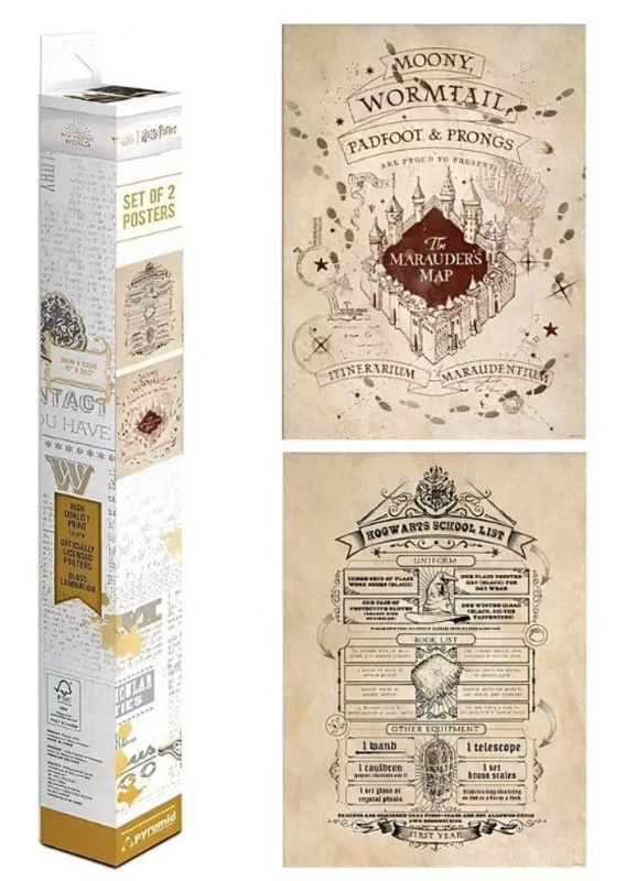 CurePink: | Set 2 kusů plakátů Harry Potter: Pobertův plánek a Školní seznam (38 x 52 cm) [PPB35442]