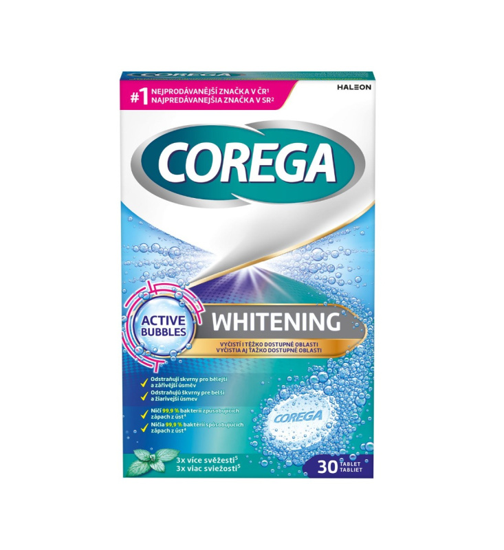 Corega Whitening čisticí tablety 4v1 na zubní náhrady pro bělejší úsměv, 30ks