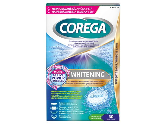 Corega Whitening čisticí tablety 4v1 na zubní náhrady pro bělejší úsměv, 30ks
