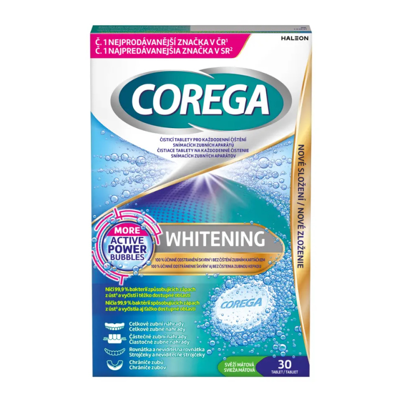 Corega Whitening čisticí tablety 4v1 na zubní náhrady pro bělejší úsměv, 30ks