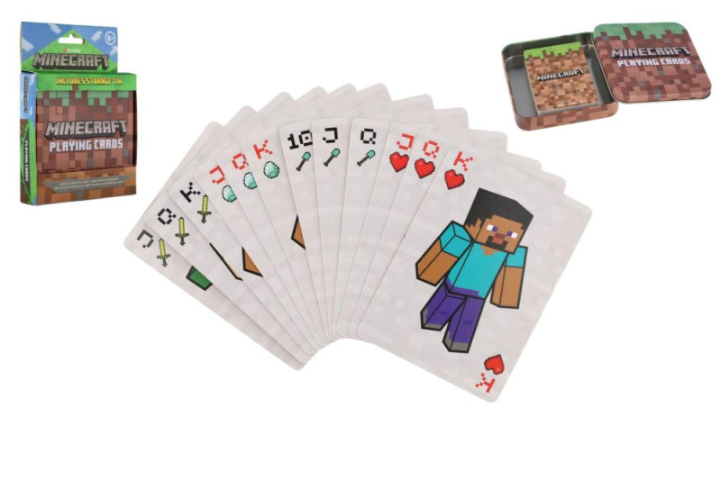Hrací karty s motivem Minecraft v plechové krabičce