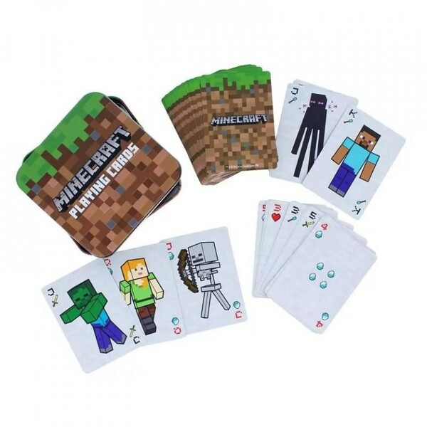 Hrací karty s motivem Minecraft v plechové krabičce