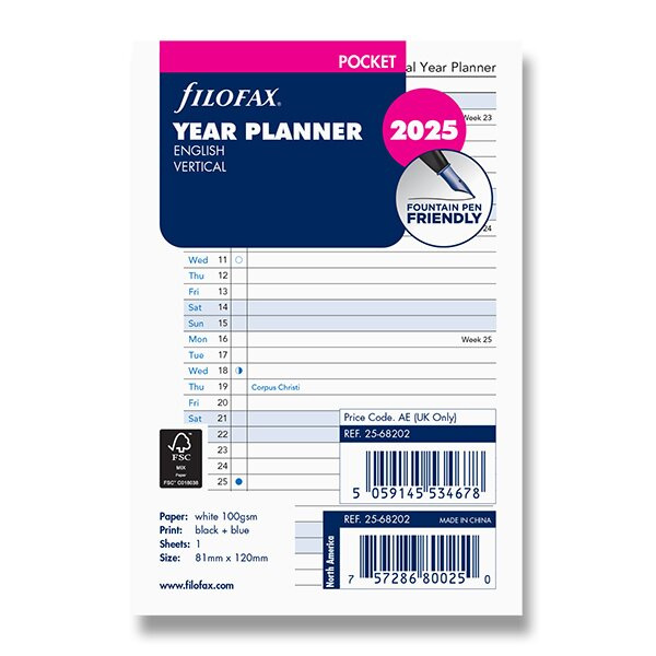 Roční plánovací kalendář 2025, Aj vertikální, náplň kapesních diářů Filofax