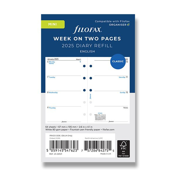 Týdenní kalendář 2025, týden/2 strany, Aj náplň mini diářů Filofax