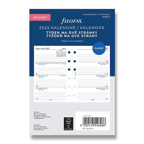 Týdenní kalendář 2025, týden/2 strany náplň kapesních diářů Filofax