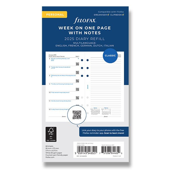 Týdenní kalendář 2025, týden/1 strana s poznámkami náplň osobních diářů Filofax