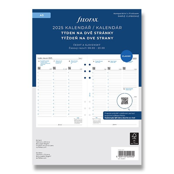 Týdenní kalendář 2025, týden/2 strany náplň A5 diářů Filofax