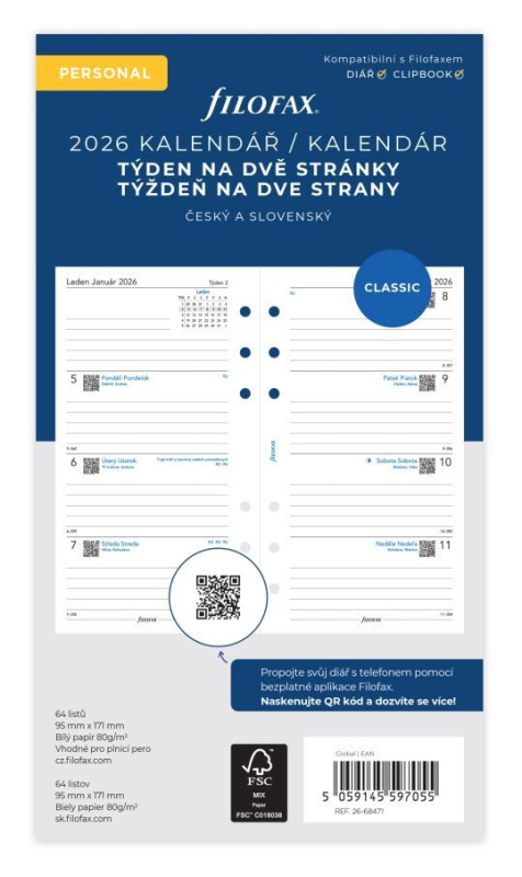 Filofax - náplň osobní - kalendář 2026, týden na 2 stránky, linkovaný, ČJ + SJ