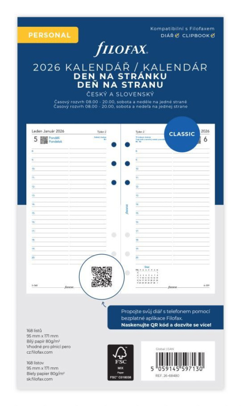 Filofax - náplň osobní - kalendář 2026, den na stránku, linkovaný, ČJ + SJ