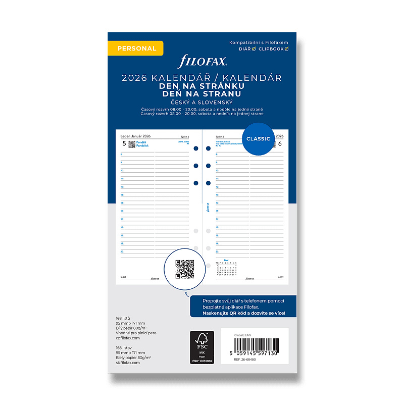 Filofax - náplň osobní - kalendář 2026, den na stránku, linkovaný, ČJ + SJ