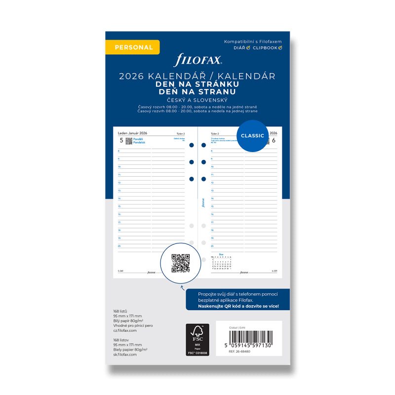 Filofax - náplň osobní - kalendář 2026, den na stránku, linkovaný, ČJ + SJ