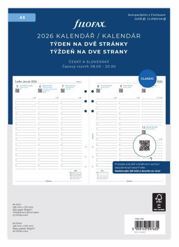 Filofax - náplň A5 - kalendář 2026, týden na 2 stránky, linkovaný, ČJ + SJ