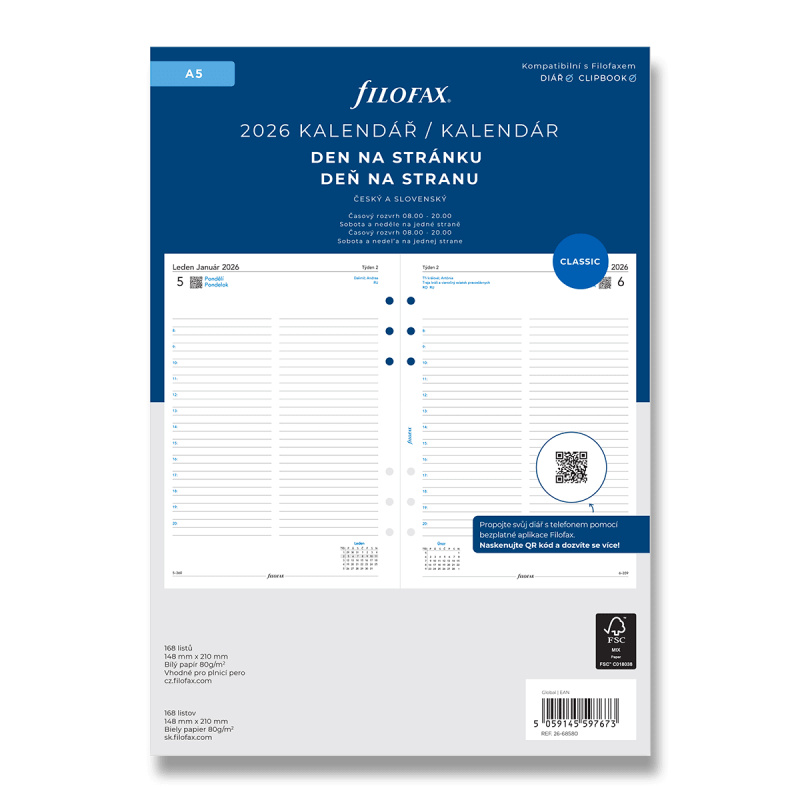 Filofax - náplň A5 - kalendář 2026, den na stránku, linkovaný, ČJ + SJ