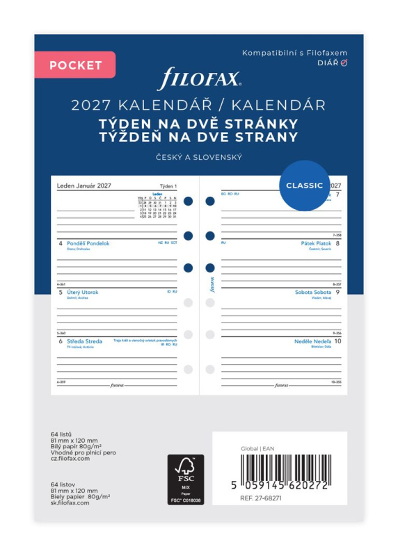 Filofax - náplň kapesní - kalendář 2027, týden na 2 strany, linkovaný, ČJ + SJ