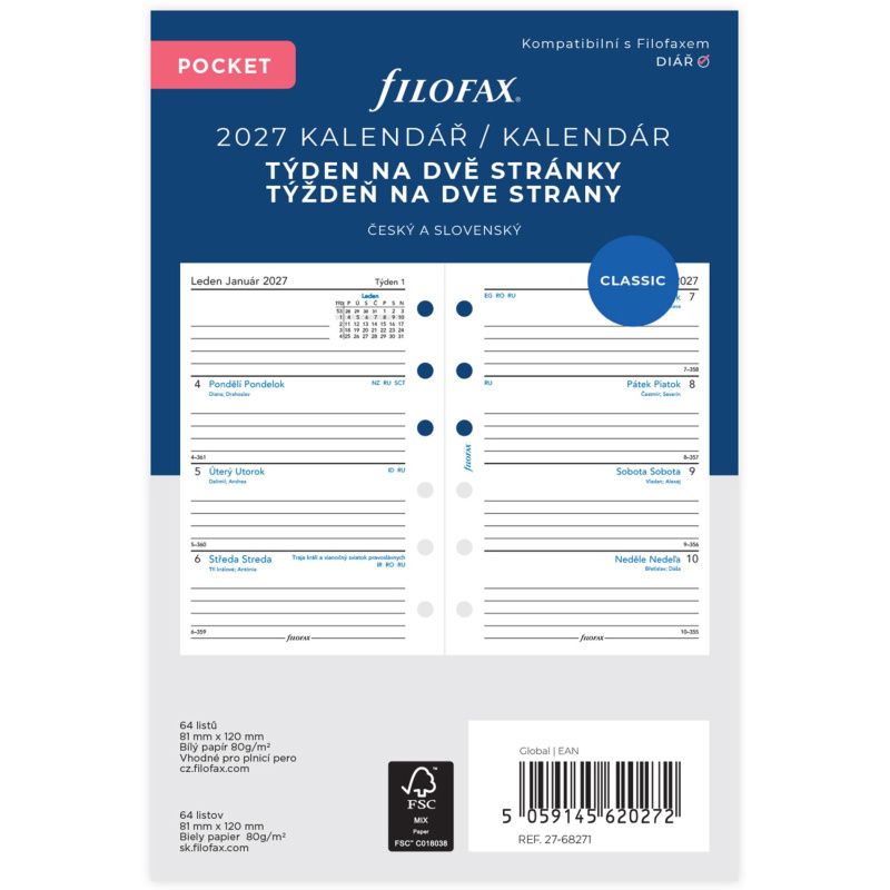 Filofax - náplň kapesní - kalendář 2027, týden na 2 strany, linkovaný, ČJ + SJ
