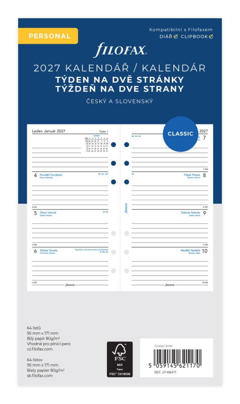 Filofax - náplň osobní - kalendář 2027, týden na 2 strany, linkovaný, ČJ + SJ