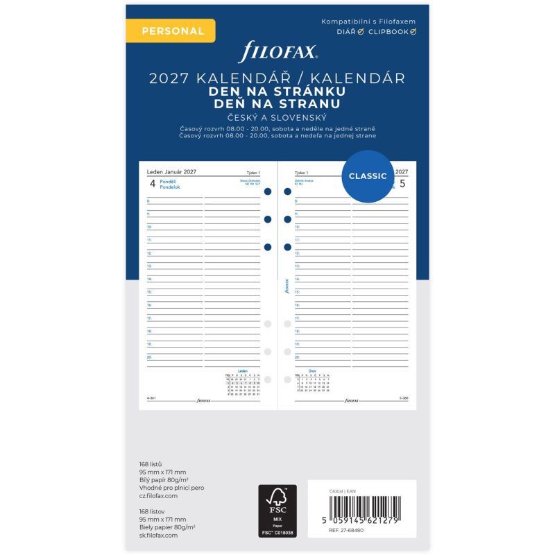 Filofax - náplň osobní - kalendář 2027, den na stránku, linkovaný, ČJ + SJ