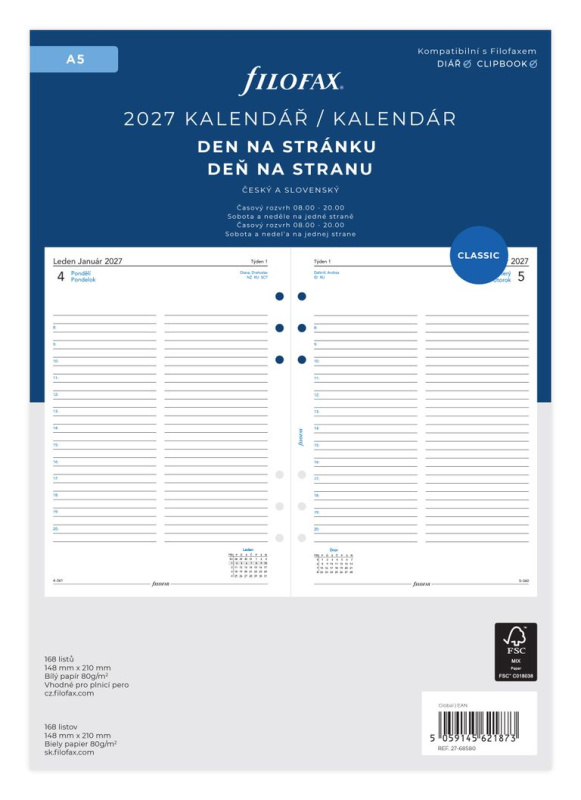 Filofax - náplň A5 - kalendář 2027, den na stránku, linkovaný, ČJ + SJ