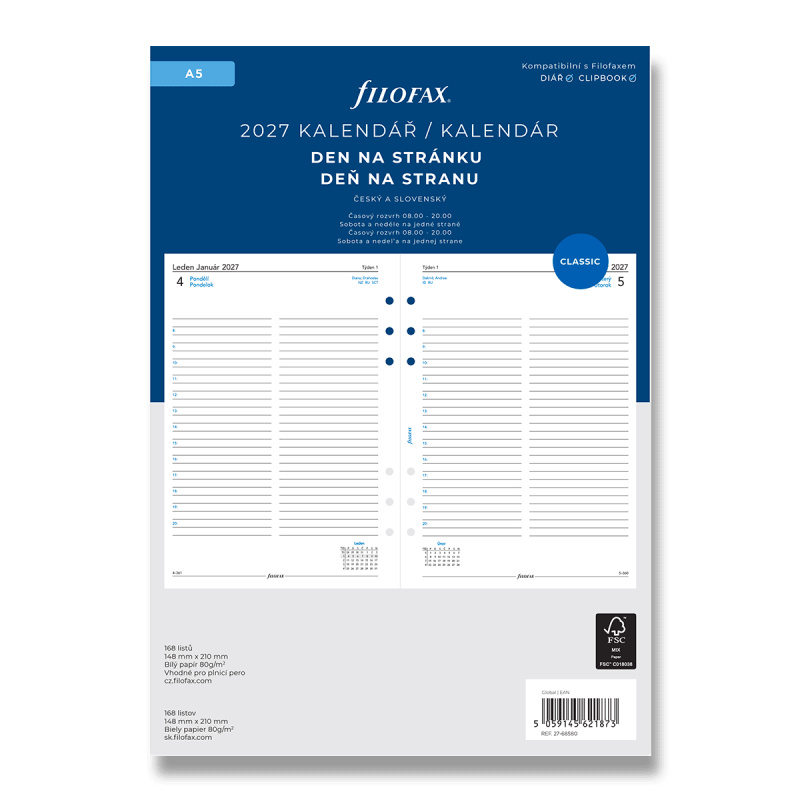 Filofax - náplň A5 - kalendář 2027, den na stránku, linkovaný, ČJ + SJ