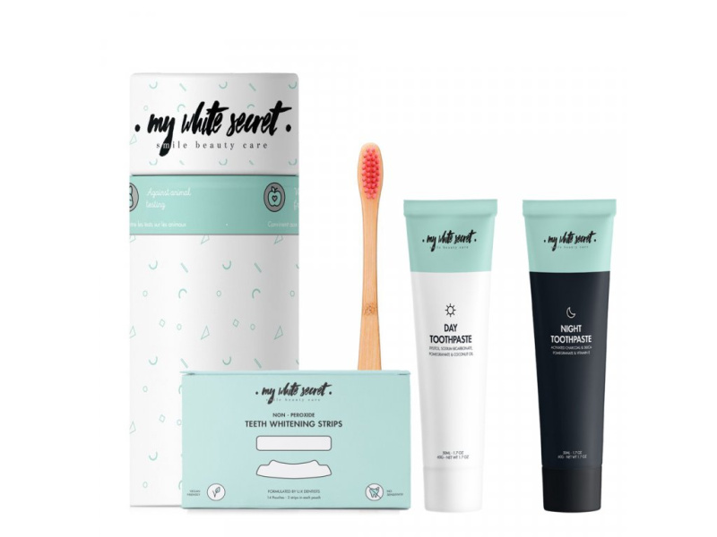 My White Secret Balíček - bělící pásky, denní a noční zubní pasta, kartáček
